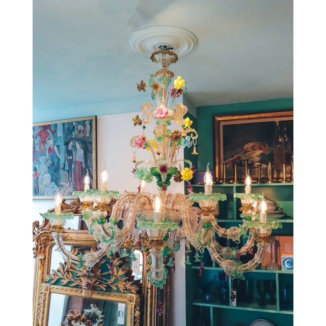 Glass Vintage Venetian Murano Hand Crafted Green Glass and Flowers Chandelier, 1960s For Sale - Image 7 of 9