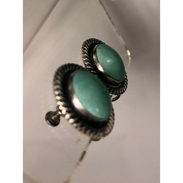 Mexican 1940s Turquoise and Sterling Cabochon Earrings For Sale - Image 3 of 10