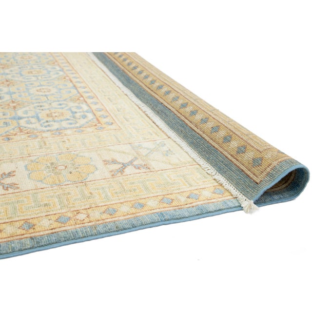 Handmade Modern Khotan Wool Rug With Allover Design in Beige and Blue For Sale - Image 4 of 10