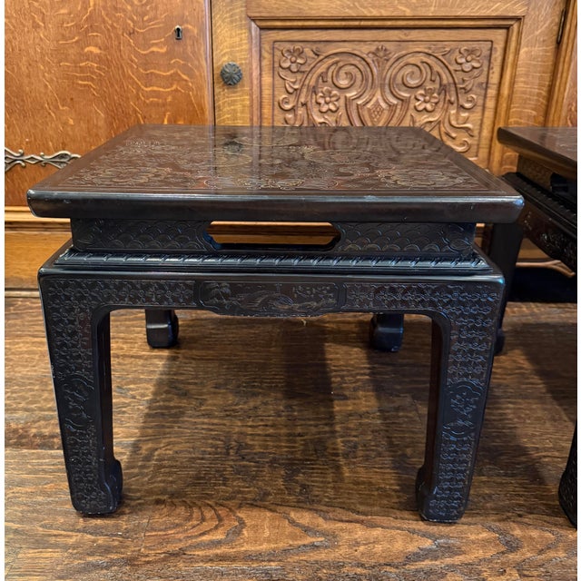 Paint 1978 John Widdicomb Asian Modern Incised Lacquer End Tables – Matching Pair For Sale - Image 7 of 12
