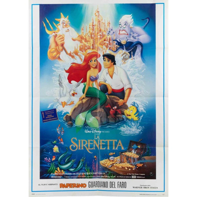 Vintage Poster Italian 2-Foglio (39 × 55 in.). Walt Disney Pictures. Classic animated artwork with Ariel, Prince Eric,...