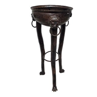 Circa 1900s Renaissance Style Patinated Bronze Trifid Brazier With Lion Heads / Planter For Sale