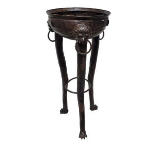 Circa 1900s Renaissance Style Patinated Bronze Trifid Brazier With Lion Heads / Planter