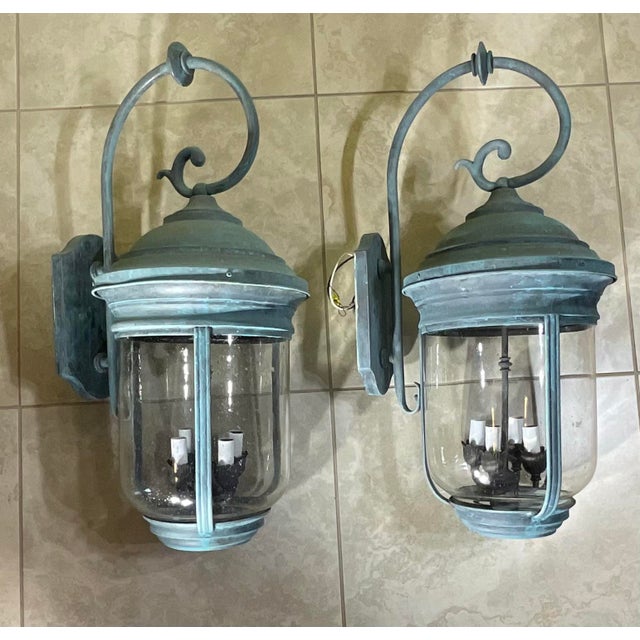 Large Elegant Pair of Vintage Brass Wall Lanterns - Timeless Charm - 28”x 12” For Sale - Image 4 of 12