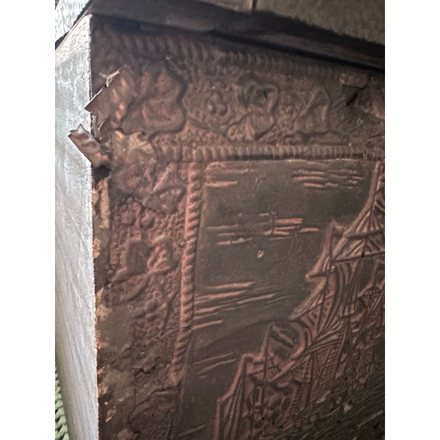 Antique Early 20th Century Nautical Themed Wooden Coal/Firewood Box With Brass Embossed Exterior Panels For Sale - Image 10 of 12