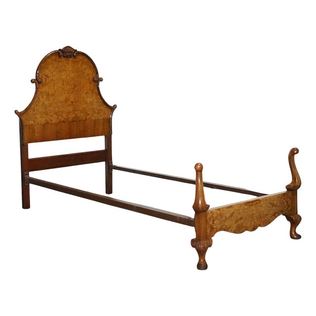 Art Deco English Burr Walnut Vono Bedstead Frame Queen Anne, 1930s For Sale