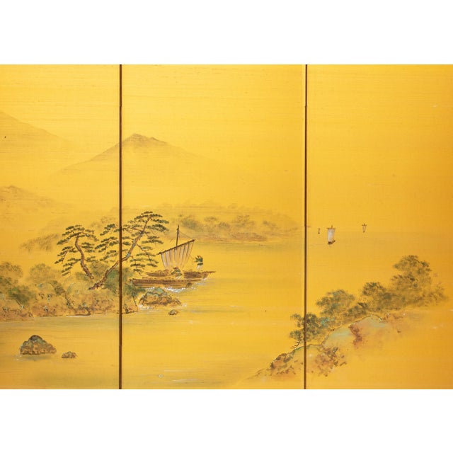 Wood C. 1960s "Landscape With River and Boats", Showa Era Japanese Painted Silk Byobu Screen For Sale - Image 7 of 18