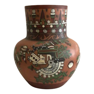 1960s Hand-Painted Aztec Vase