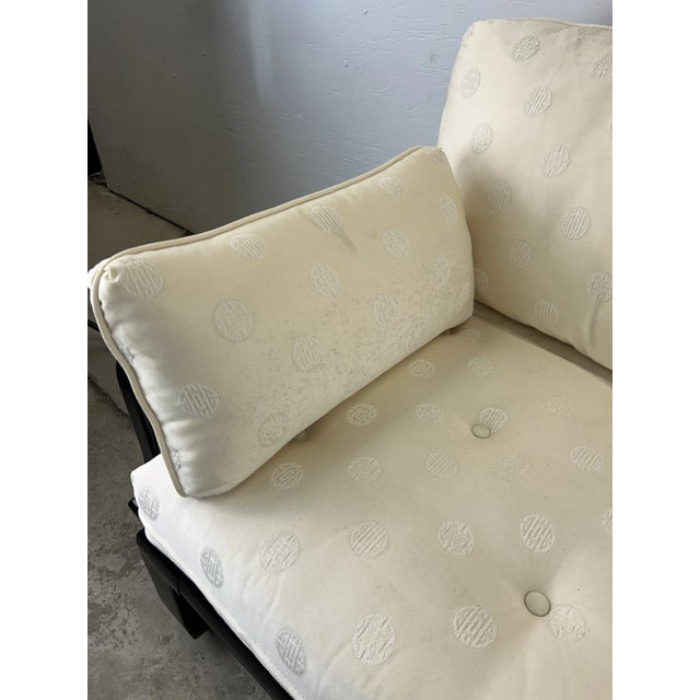 Chinoiserie Ming Inspired Black Lacquer Sofa With Vintage Upholstery For Sale - Image 10 of 12