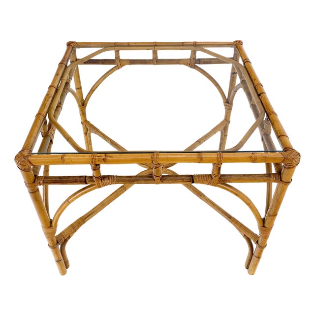 Glass Top 34" Square Mid Century Modern Burnt Bamboo Game Dinette Table MINT For Sale