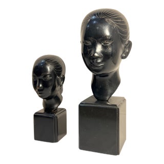 Mid-Century Nguyen Thanh Le Bronze Bust of Young Vietnamese Women- A Pair For Sale