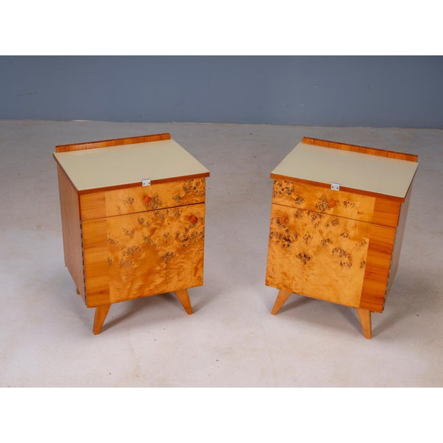 Mid-Century Modern Vintage Czechoslovak Nightstands in Burl Veneer, 1940s, Set of 2 For Sale - Image 3 of 10