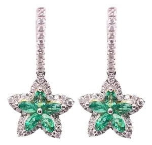 18 Karat White and Yellow Gold Emerald and Diamond Flower Drop Earrings
