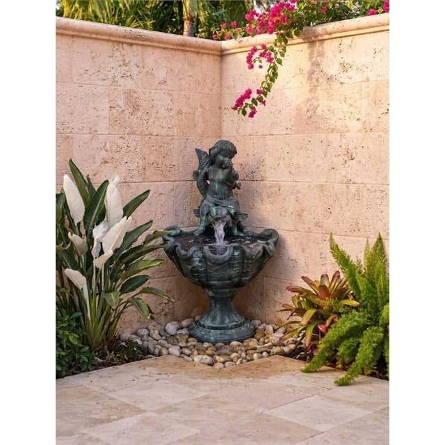 Vintage Neoclassical Bronze Cherub Riding Dolphin Shell Basin Fountain For Sale - Image 10 of 12