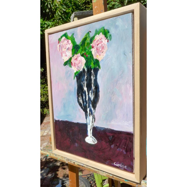 Wood Three French Roses in a Vase, Oil Painting For Sale - Image 7 of 8