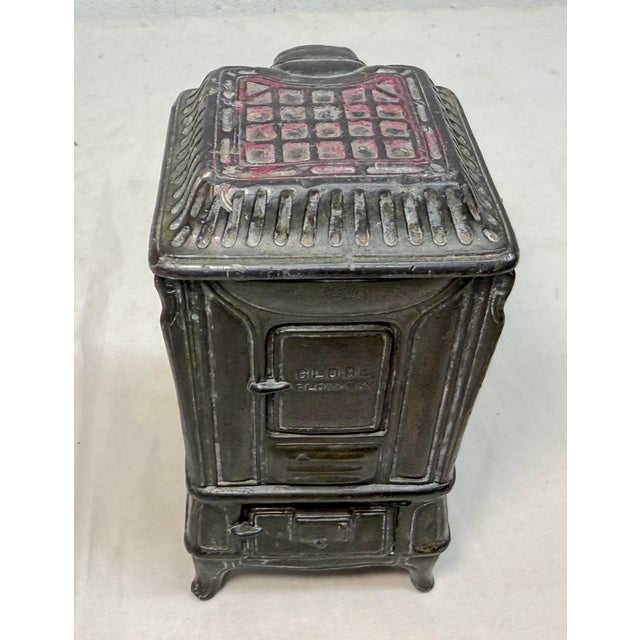 Figurative Antique 1930s-40s Vintage Globe Glow-Boy Metal Stove Advertising Coin Still Bank For Sale - Image 3 of 12