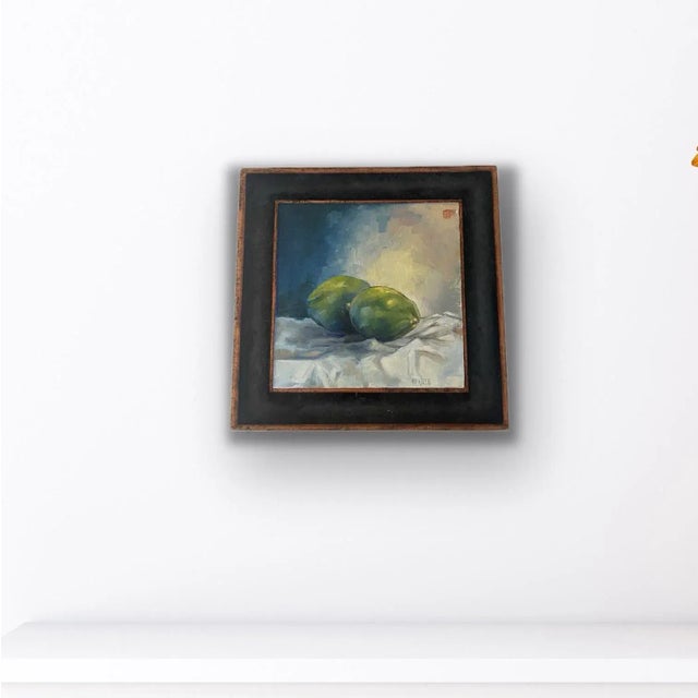 Serene and sophisticated original oil still life by Whitney Kreb — luminous green limes on white cloth by a celebrated...