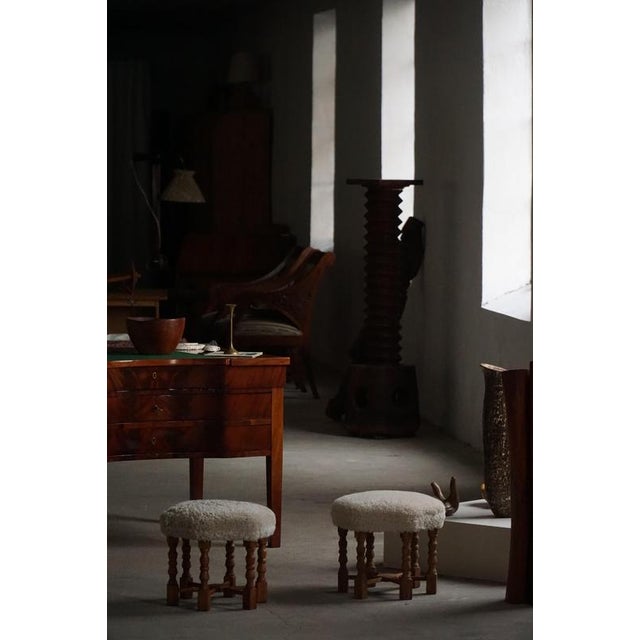 Mid-Century Danish Oak Stools with Shearling Lambswool Upholstery, 1950s, Set of 2 For Sale - Image 6 of 15