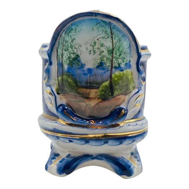 Early 1900s Antique Porcelain Hand Painted Gzhel Cup Glass Milk Can Holder, Signed For Sale