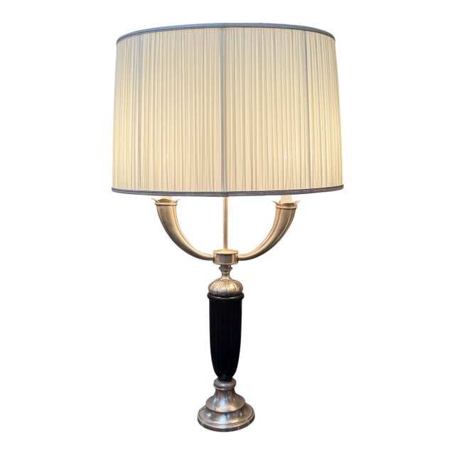 1990s Ruhlmann Style Art Deco Black & Silver Candelabra Form Table Lamp 1 of 2 For Sale
