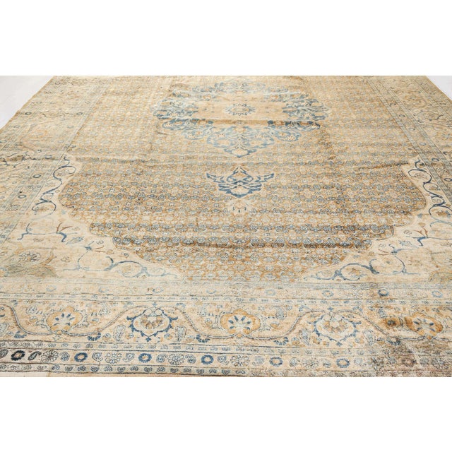 Fine Persian Tabriz Brown, Blue Hand Knotted Wool Carpet For Sale - Image 9 of 10