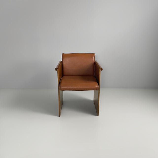 Italian modern brown leather and wood armchairs by Azucena, 1970s Set of twelve armchairs with padded seat and backrest...