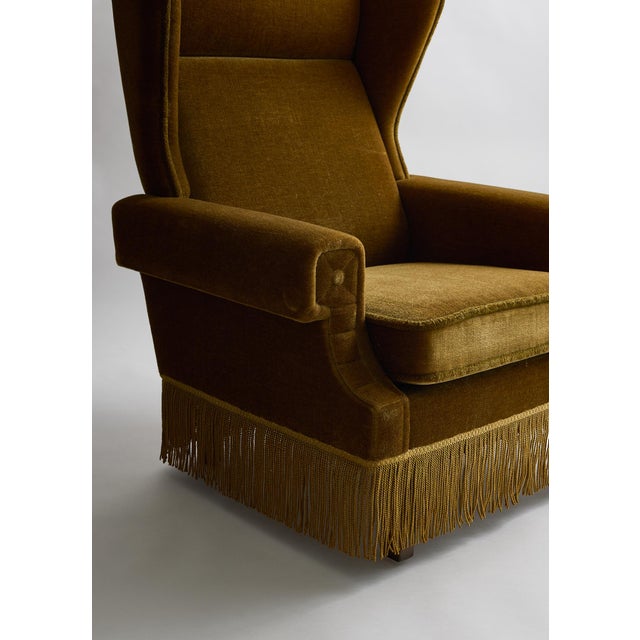 Mid-Century Modern Vintage 1950s Scandinavian Mohair Wingback Lounge Chair With Fringe For Sale - Image 3 of 5