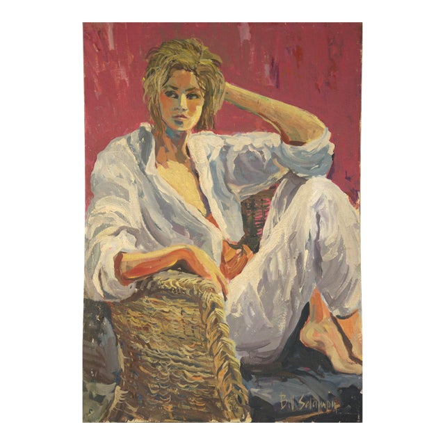 1980s Signed Bill Salamon Figurative Oil Painting of Seated Blonde Woman, 25.5" X 36" For Sale