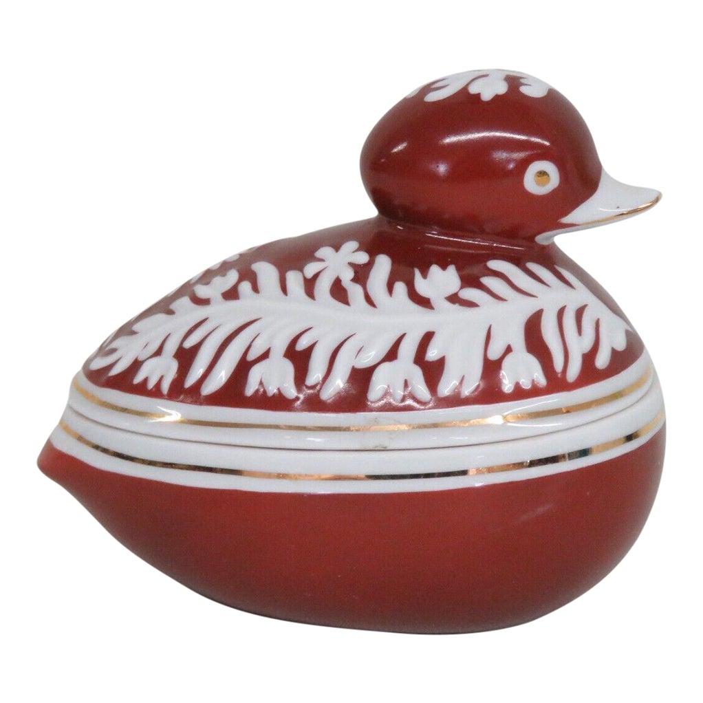 Hollohaza Hungary Porcelain Duck Trinket Box Burgundy With Lid | Chairish