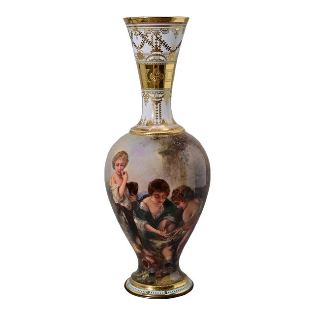 Royal Vienna Antique Original Artist Signed Franz Dorfl Dice Throwers Figurative Hand Painted Enamel Jeweled Porcelain Vase For Sale