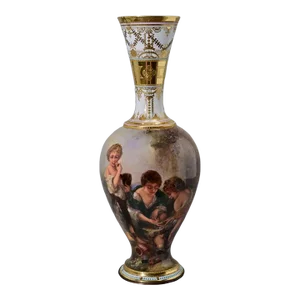 Royal Vienna Antique Original Artist Signed Franz Dorfl Dice Throwers Figurative Hand Painted Enamel Jeweled Porcelain Vase