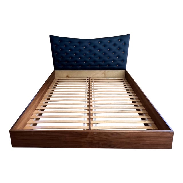 2000s Modern Queen Platform Bed Blue Upholstered Button For Sale