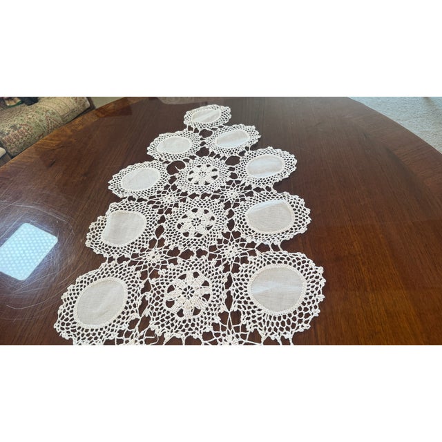 Vintage Linen and Lace Long Runner,Handmade White Crochet Handmade, Clean and Table Ready. Pristine c 1950 Textile Scarce...