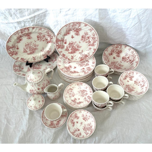 Vintage Shabby Chic Queens "Chelsea Toile" Pink Dinnerware Set of 53 For Sale - Image 12 of 12
