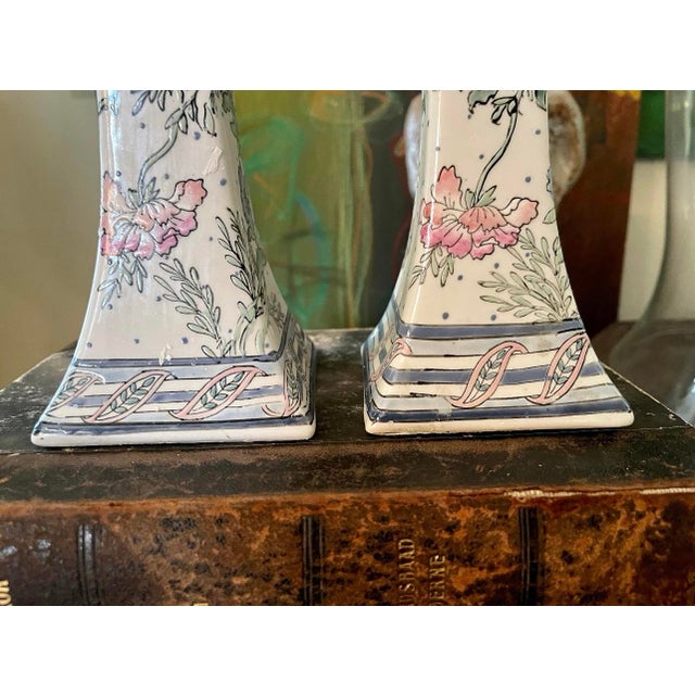 Yellow Pair of Vintage Chinoiserie 1980s Ceramic Candlestick Holders For Sale - Image 8 of 9