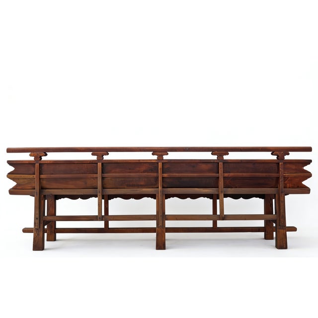 Vintage 111" Elm Wood Bench With Tiered Backrest For Sale - Image 4 of 4