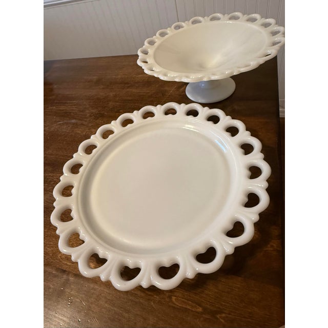 Anchor Hocking Milk Glass Lace Edge Serving Set For Sale - Image 6 of 12
