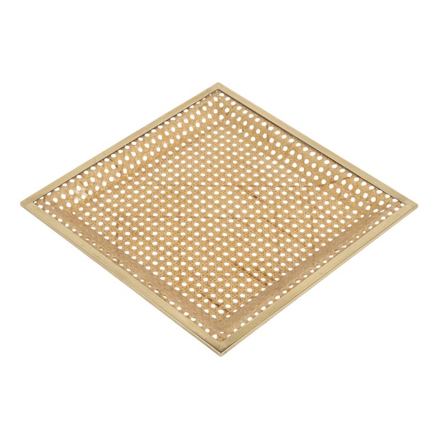 Mid-Century Acrylic Glass, Rattan and Brass Serving Tray in the style of Dior Home, Italy, 1970s For Sale