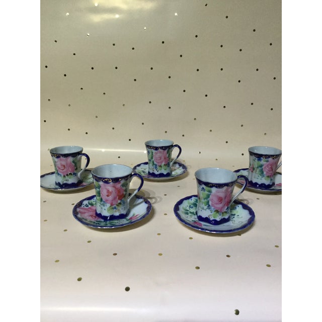Antique Hand Painted Porcelain Nippon Chocolates Cups & Saucers - Set of 5 For Sale - Image 4 of 11