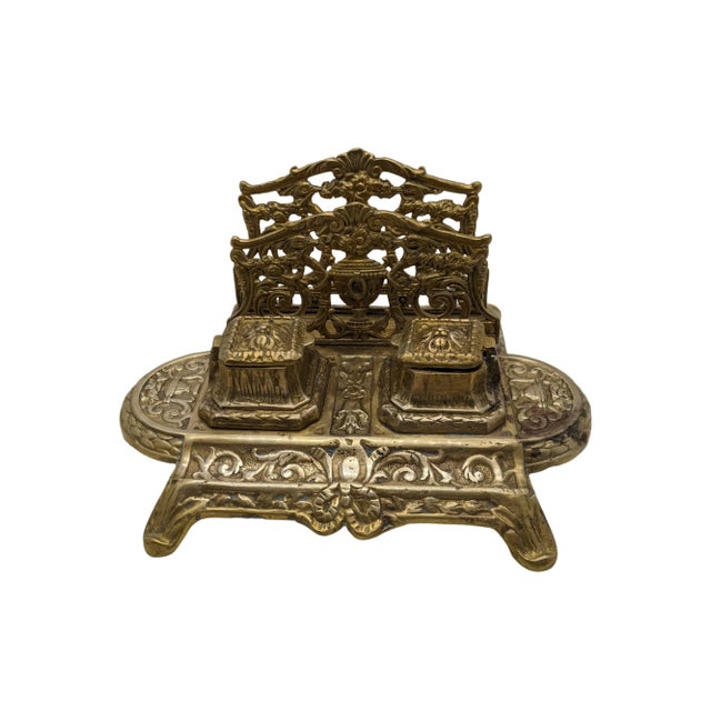 Early 20th Century Early 20th Century Antique Brass Double Inkwell Stand and Letter Holder Desk Organizer For Sale - Image 5 of 9