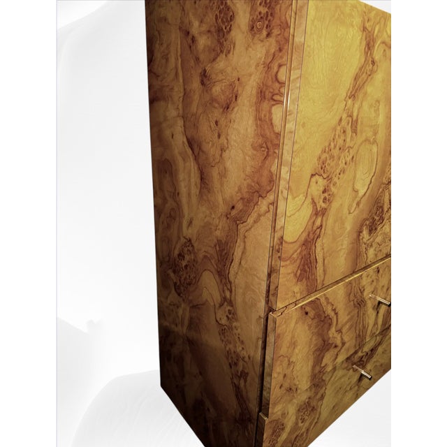 Milo Baughman Genuine Burl Wood Mid-Century Matchbook Milo Baughman Glass Modern Cabinets For Sale - Image 4 of 9