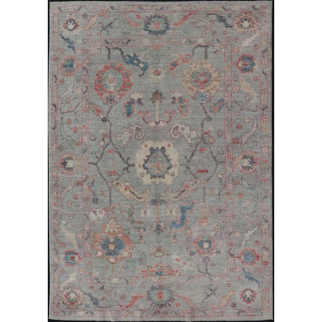 Modern All-Over Floral Oushak With a Light Blue-Gray Background and Multi-Color Rug For Sale - Image 13 of 13