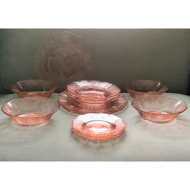 1940s Pink Floral Glass Dishes- Set of 14 For Sale - Image 9 of 12