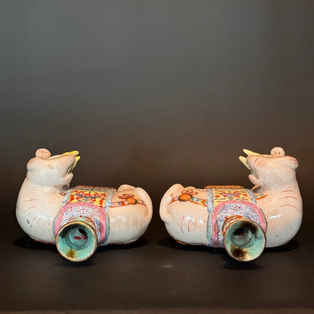 Early 20th Century Chinese Export Famille Rose Enameled Elephant Candle/Joss Holders- Set of 2 For Sale In Los Angeles - Image 6 of 11