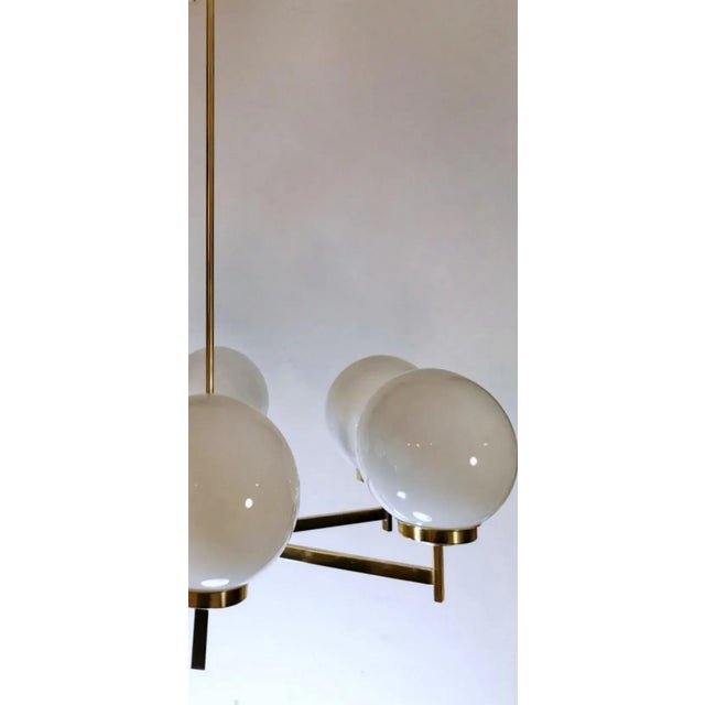 Stilnovo Italian Vintage Brass Chandelier, Opaline Glass Spheres For Sale - Image 11 of 13