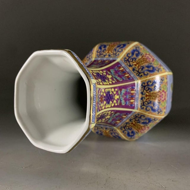 Ceramic Mid 20th Century Exquisite Hexagonal Chinese Famille Rose Porcelain Vase With Figural Panels & Gilt For Sale - Image 7 of 7