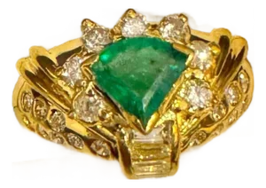 Natural Trillion Emerald & 0.60 Carat Diamond Ring 18 Kt Yellow Gold Size 5.2