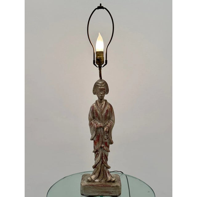 Silver Hand Carved Figural Silverleaf Table Lamp in the Style of James Mont For Sale - Image 8 of 13