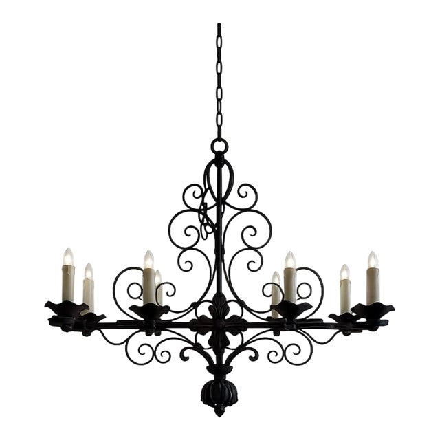 Vintage 1950s French Wrought Iron Six-Light Chandelier For Sale