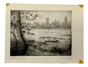 Oscar Alf "New York City Skyline" Pencil Signed Etching C.1930s